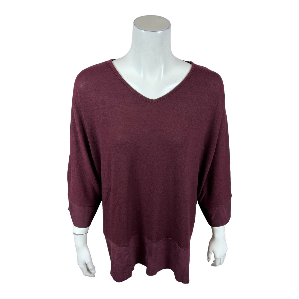 StyleList by Micaela Faux Suede Trim Poncho Style Knit Top Mulberry Medium Size